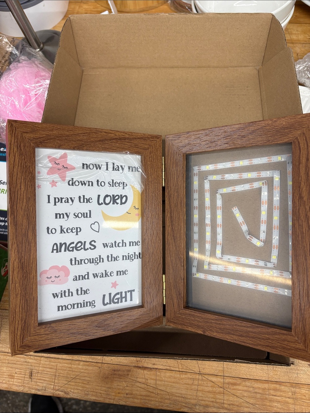 Wooden Double Frame Nightlight with Pink and Yellow Nursery Art